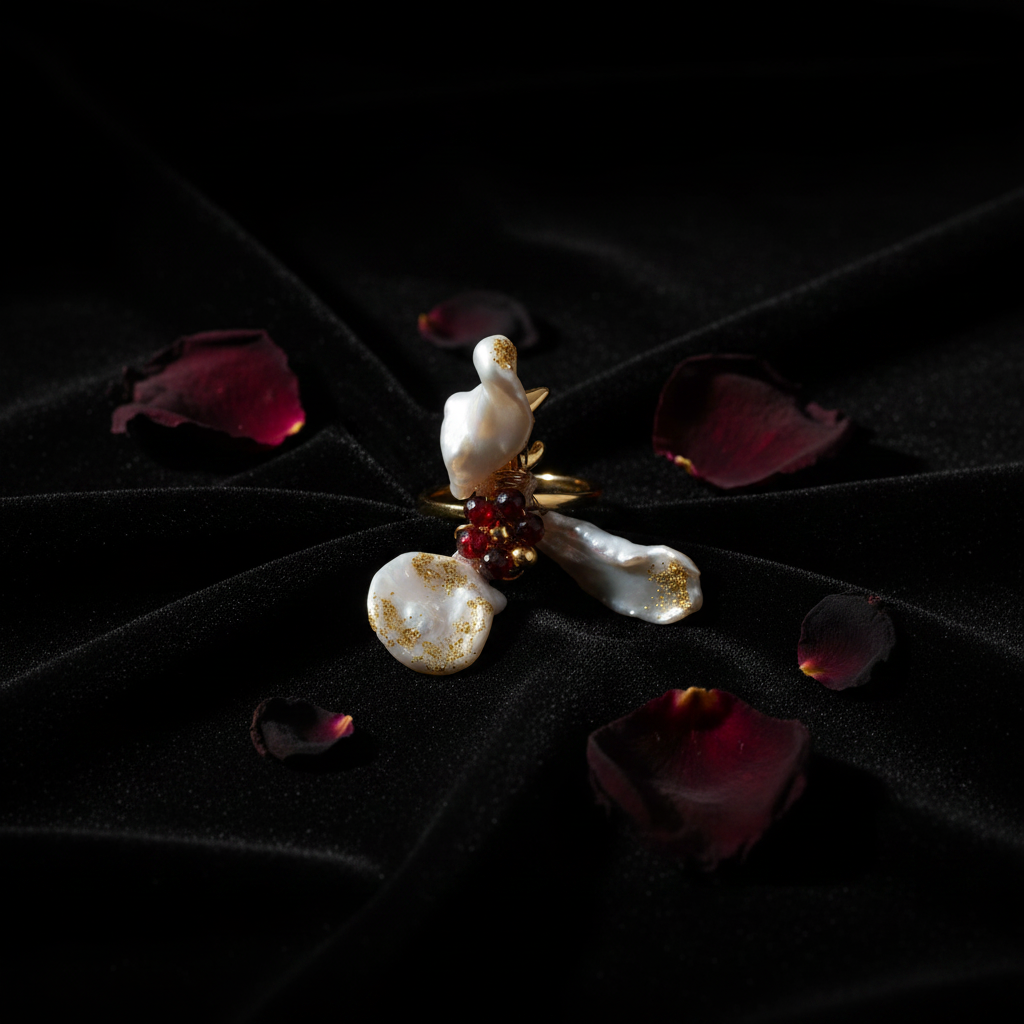 Dark Romance Baroque Pearl Garnet Ring Flatlay