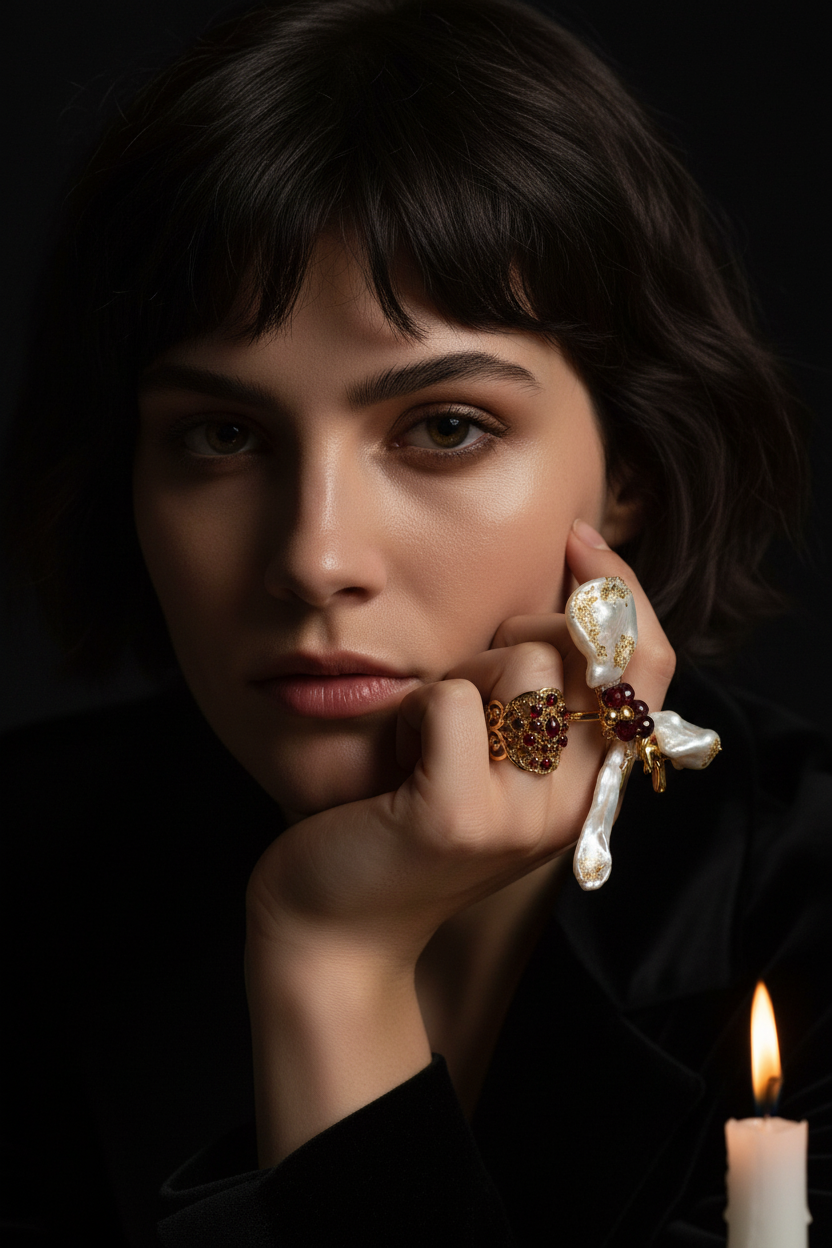 Dark Romance Baroque Pearl Garnet Ring Model