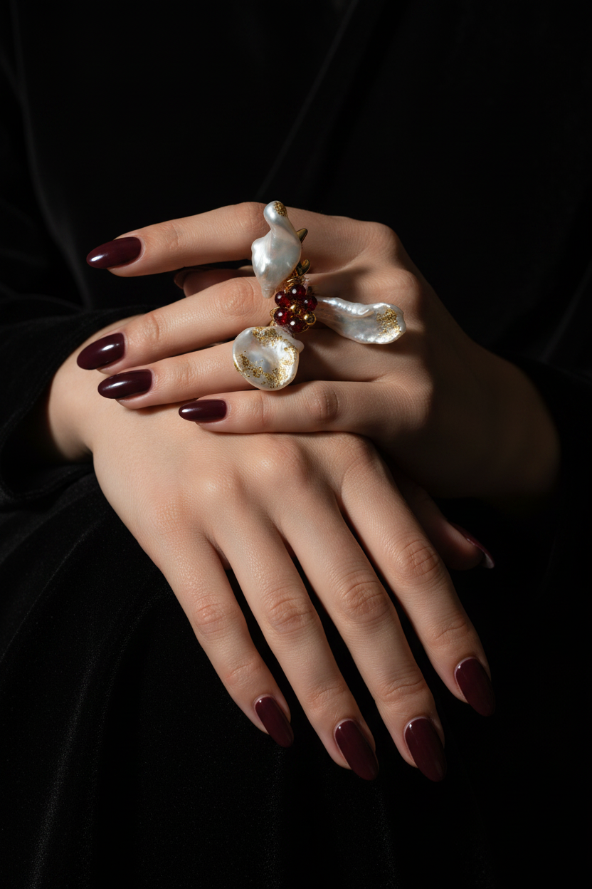 Dark Romance Baroque Pearl Garnet Ring Model