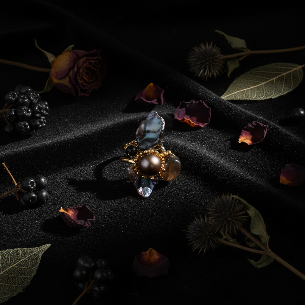 Dark Romance Baroque Pearl Ring Flatlay