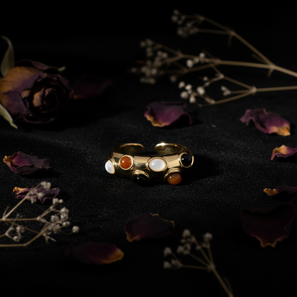 Dark Romance Gold Cabochon Ring Flatlay