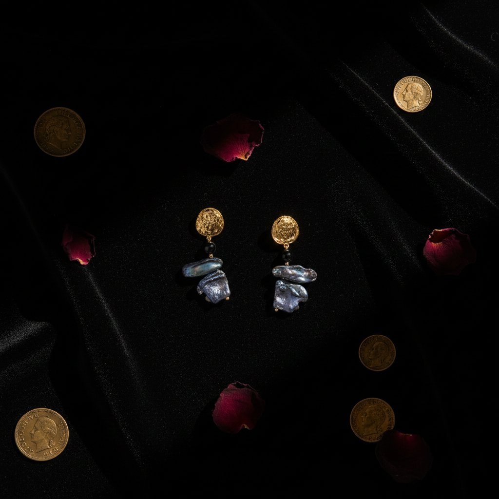 Dark Romance Gold Pearl Drop Earrings Flatlay