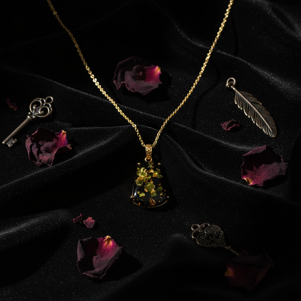 Dark Romance Green Amber Necklace Flatlay