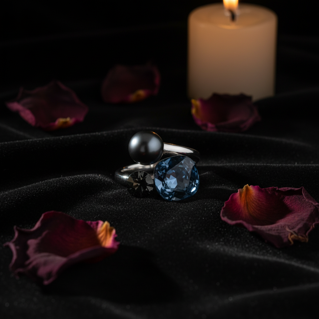 Dark Romance Pearl Blue Crystal Ring Flatlay