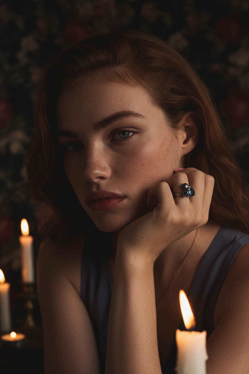 Dark Romance Pearl Blue Crystal Ring Model