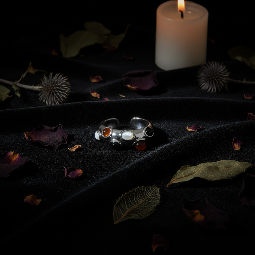 Dark Romance Silver Cabochon Ring Flatlay