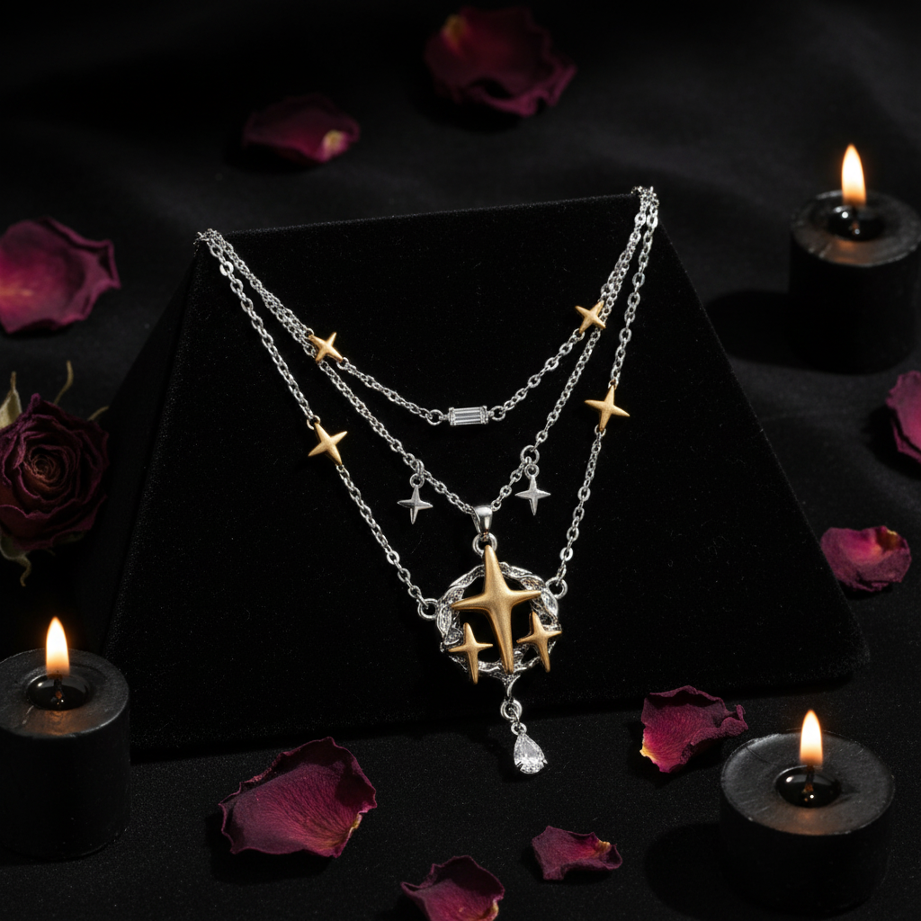 Dark Romance Star Moon Necklace Flatlay