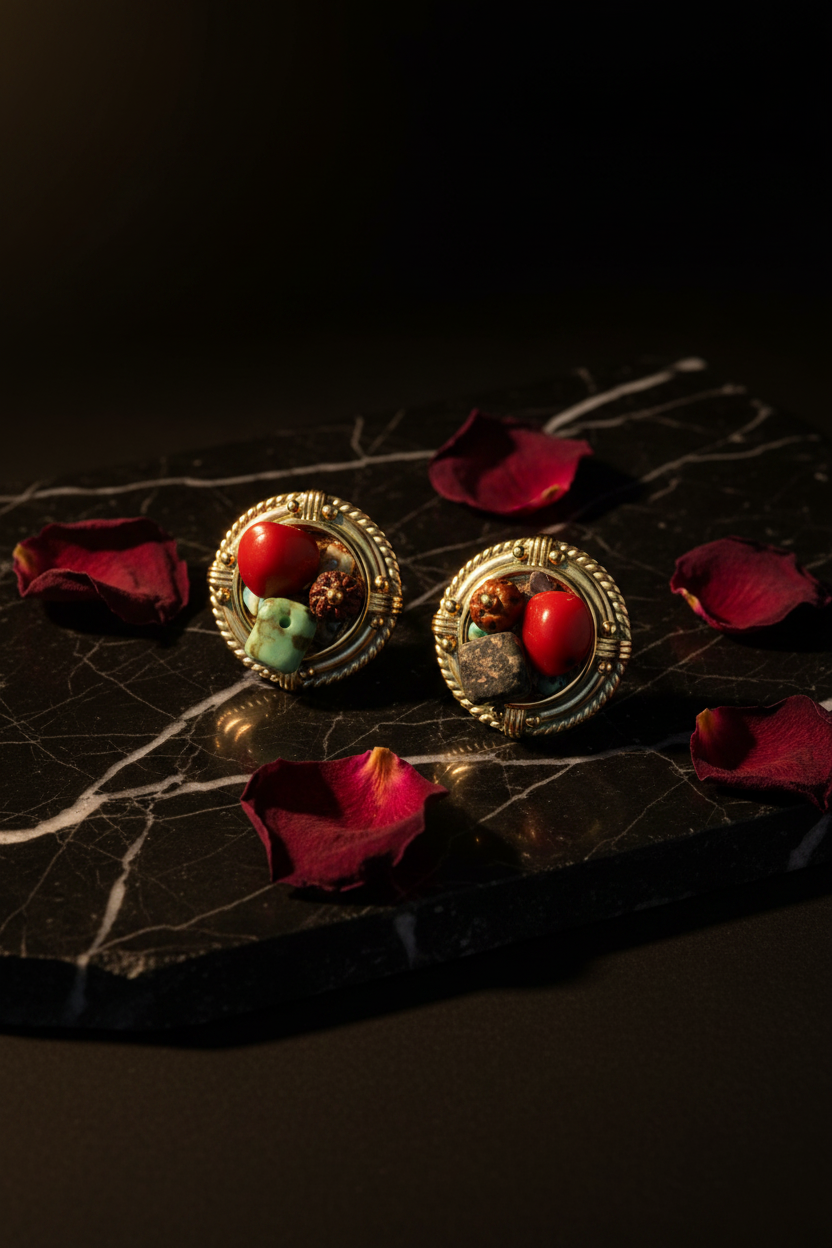 DR-10 Round Gold Frame Raw Gemstone Earrings — Clean