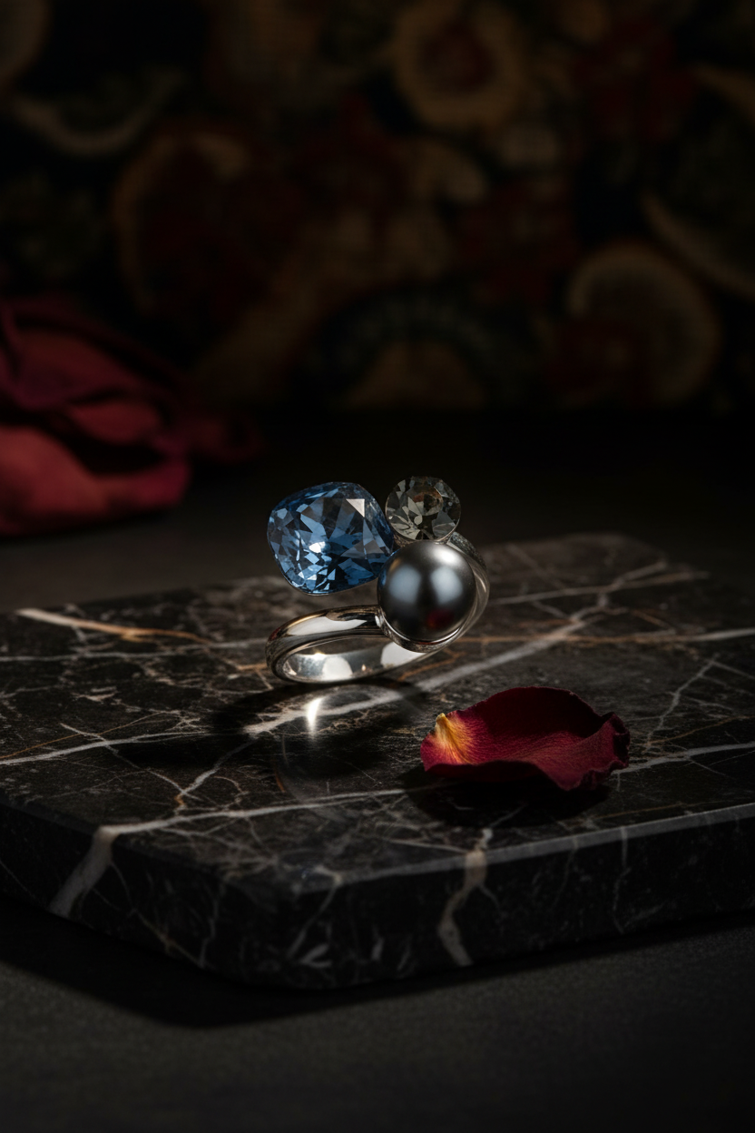 DR-8 Blue Crystal Grey Pearl Ring