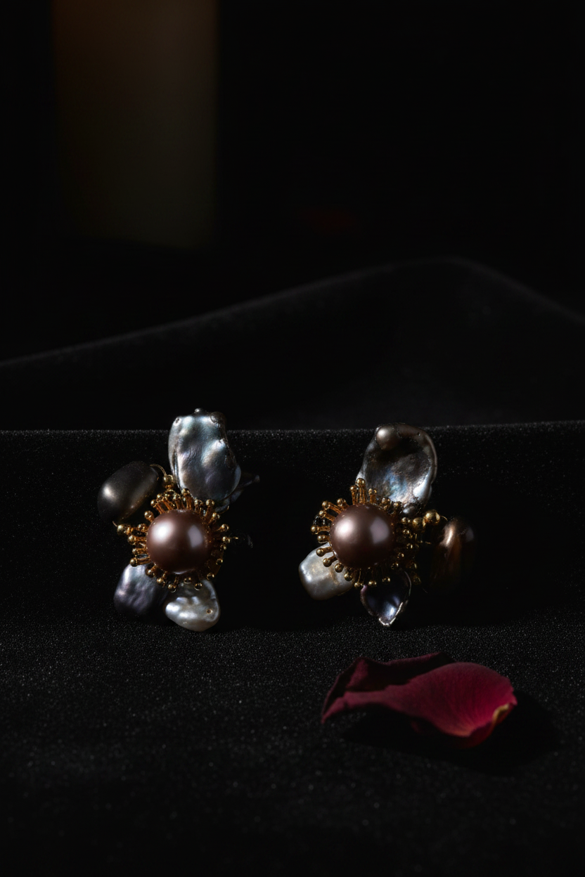 DR-9 Dark Pearl Flower Cluster Earrings